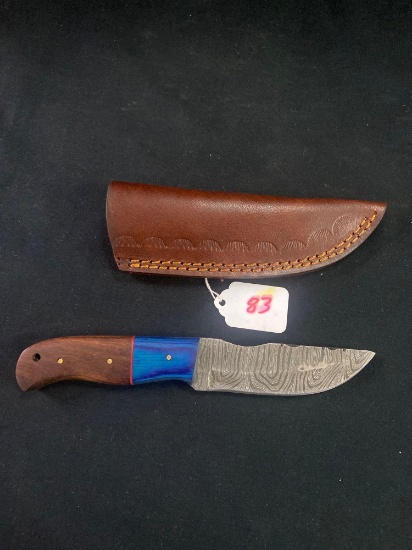 CUSTOM HAND MADE KNIFE DAMASCUS STEEL BLADE WITH CUSTOM LEATHER SHEATH BY TJ BERGERON, MOOREHEAD MN