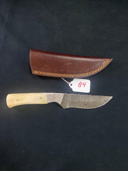CUSTOM HAND MADE KNIFE DAMASCUS STEEL BLADE WITH CUSTOM LEATHER SHEATH BY TJ BERGERON, MOOREHEAD MN