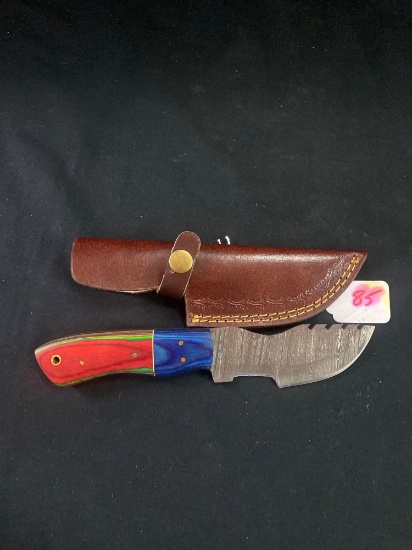 CUSTOM HAND MADE KNIFE DAMASCUS STEEL BLADE WITH CUSTOM LEATHER SHEATH BY TJ BERGERON, MOOREHEAD MN