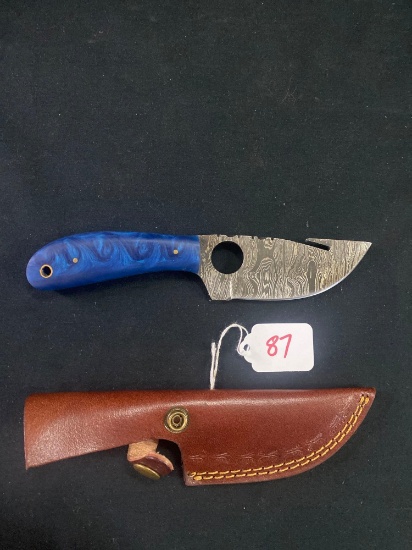 CUSTOM HAND MADE KNIFE DAMASCUS STEEL BLADE WITH CUSTOM LEATHER SHEATH BY TJ BERGERON, MOOREHEAD MN
