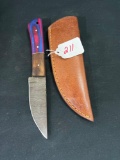 CUSTOM HAND MADE KNIFE DAMASCUS STEEL BLADE WITH CUSTOM LEATHER SHEATH BY TJ BERGERON, MOOREHEAD MN