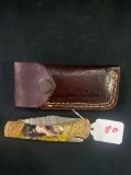 CUSTOM HAND MADE KNIFE DAMASCUS STEEL BLADE WITH CUSTOM LEATHER SHEATH BY TJ BERGERON, MOOREHEAD MN