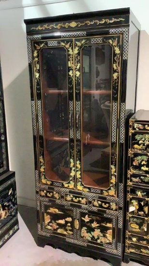 ASIAN BLACK LACQUER PEAL ARMOIRE
