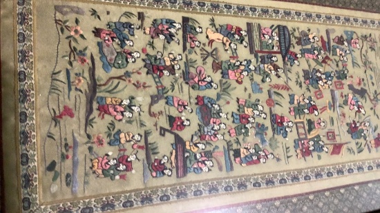 ANTIQUE EMBROIDERED SILK ASIAN TAPESTRY