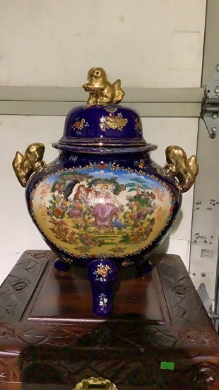 COBALT POT BELLY FOOTED CAPPED VASE