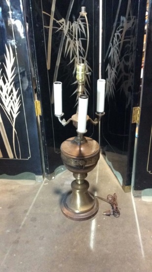 MID CENTURY BRASS AND WOOD LAMP