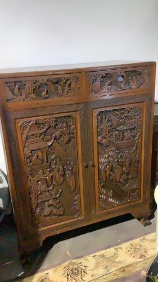 HEAVILY CARVED ROSEWOOD ASIAN ARMOIRE