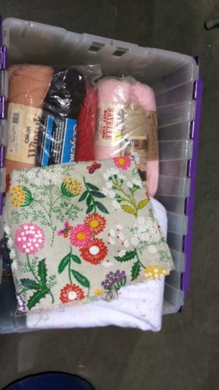 TOTE OF BRAND NEW YARN AND MISC FABRIC