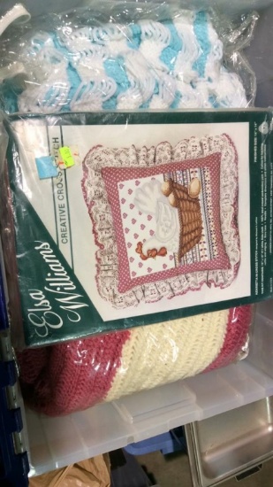 TOTE OF AFGHANS AND FABRIC