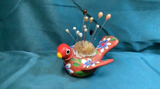 FOLK ART POTTERY BIRD PIN CUSHION