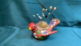 FOLK ART POTTERY BIRD PIN CUSHION
