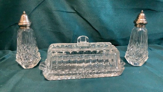 CRYSTAL BUTTER DISH WITH SAL AND PEPPER SHAKERS