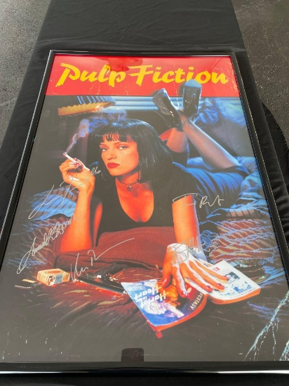 Pulp Fiction cast signed movie poster autographed by Uma Thurman, John Travolta, Samuel L. Jackson,