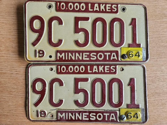 Pair of Red & White Minnesota License Plates - SELLING NO RESERVE