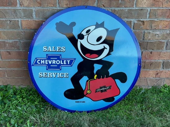 Porcelain Sign Chevrolet Sales & Service featuring Felix the Cat