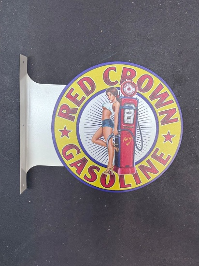 Metal Sign Flanged Side Mount Red Crown Gasoline