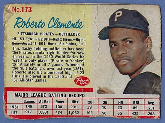 1962 Post #173 Roberto Clemente Pittsburgh Pirates