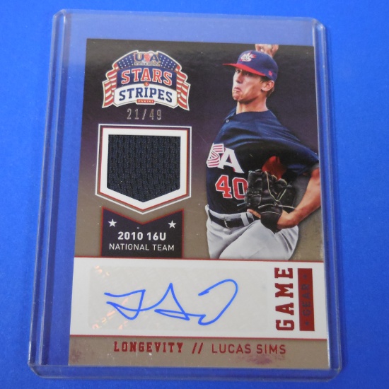 2015 PANINI STARS STRIPES LUCAS SIMS AUTOGRAPHED JERSEY ROOKIE CARD