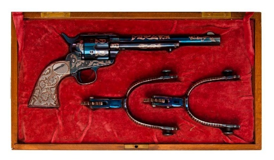 Custom engraved and Cased Silver Mounted Colt Model 1873 Revolver With Spurs