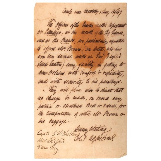 Letter of Safe Conduct for William Garl Brown, Jr. Signed by Captain Samuel H. Walker, August 1847