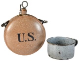 Experimental 1890's US Army Blue Agate Enameled Cup and US Army Brown Enameled Canteen