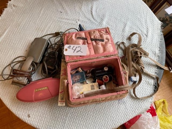 Misc. Singer Sewing Machine Parts & Sewing Basket with misc. items