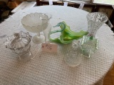 Swan vase candy dishes, glass bell mis.