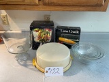2 Trifle Bowles, Corn Cradles, Tupperware Cake Pan, 3pc. set Pyrex clear mixing bowls