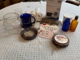 Blood Pressure Monitor, Milk Glass Hat, 2 Antique Bottles and Misc. Items