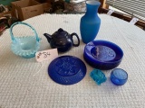 Blue plates, tea pot, case, basket, cup and trinket box