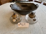 2 Antique oil lamps and 1 pottery bowl