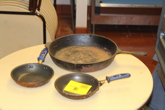 (1) 14" CAST IRON PAN, (2) 7.5" FRYING PANS