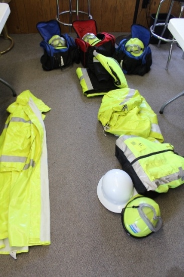 SAFETY EQUIPMENT, XL JACKETS, HARD HATS, GOGGLES,