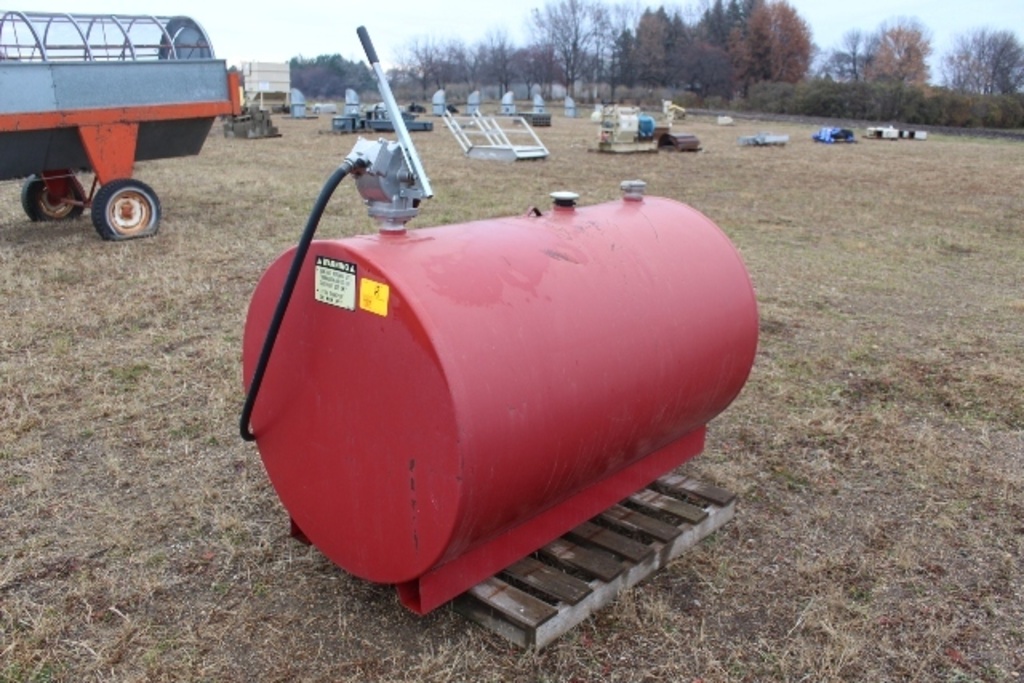 APPROX 300 GALLON FUEL BARREL WITH HAND PUMP,