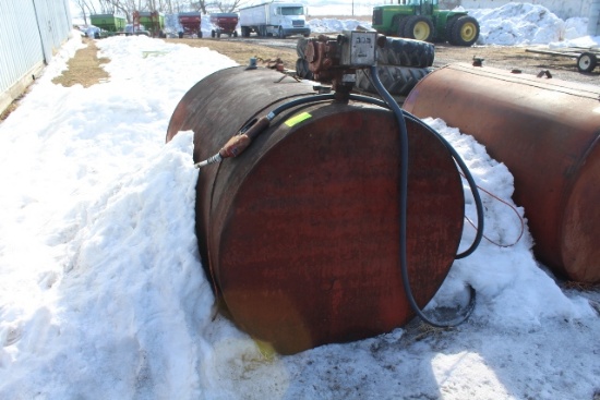 500 GALLON GAS  BARREL, 110 VOLT PUMP AND METER,