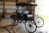 2 SEAT SURREY BUGGY, CANAPY, WOOD WHEELS, (4) COLLARS, HARNESS, OLDER RESTORATION, STORED INSIDE