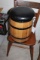 WOOD BARREL WITH PADDED SEAT, PLANT STAND,