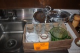 GREEN DEPRESSION PICTURE, MUGS, SILVER ITEMS,