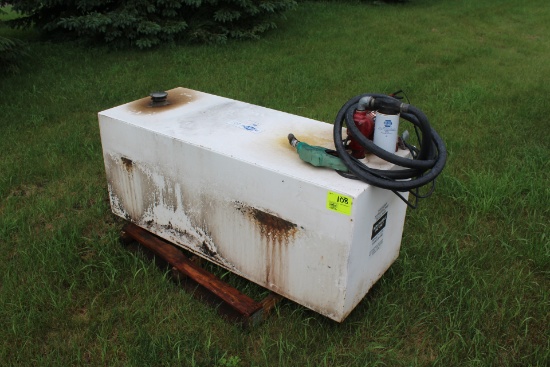 APPROX 150 GAL PICKUP FUEL TANK W/ 12V PUMP, 20