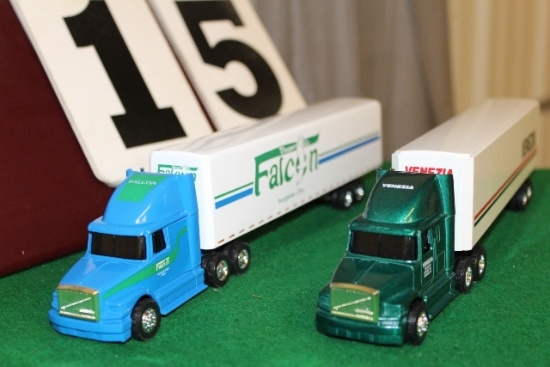(2) 1/64 WHITE GMC SEMIS WITH TRAILERS,