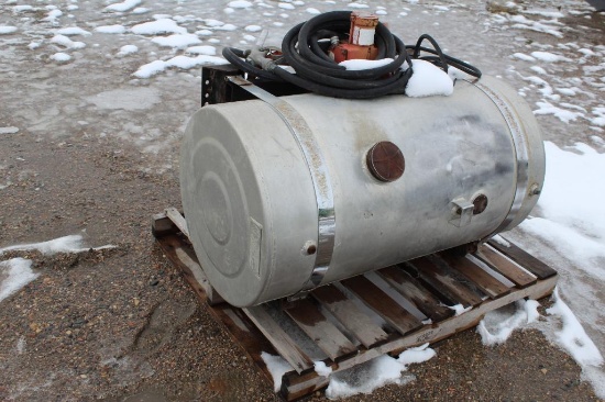 APPROX 50 GAL ALUM FUEL TANK, 12 VOLT GAS BOY PUMP, USED FOR "DYED" DIESEL