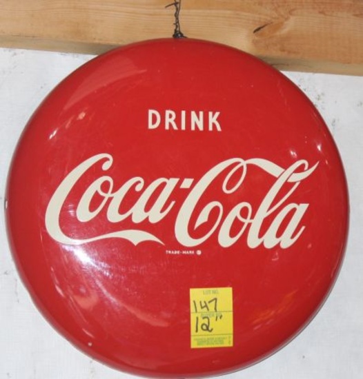 Coca Cola metal button sign, 12" diameter, VA 8 of 50 (hard to read)