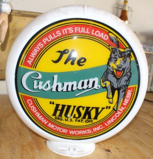The Cushman Husky gas globe, glass insert with poly base, 13" diameter, rep