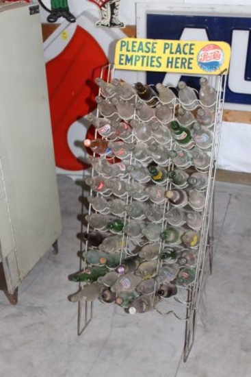 Pepsi-Cola soda bottle stand, with glass bottles