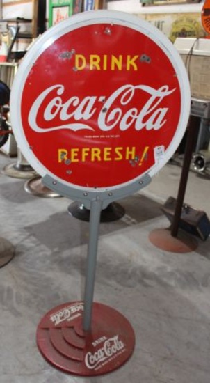 "Drink Coca Cola Refresh!" double sided porcelain sign on cast iron base