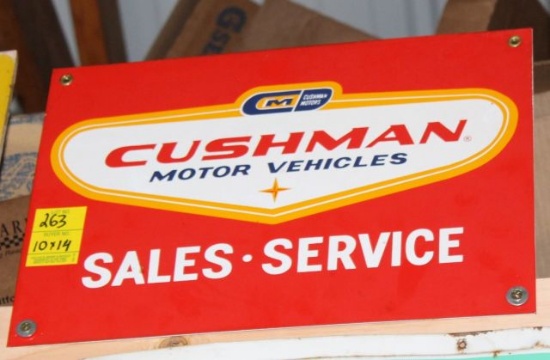 Cushman Motor Vehicles single sided tin sign, 10"x14"