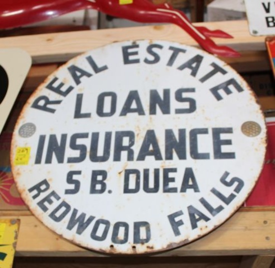 SB Duea Real Estate Loans Insurance single sided tin sign, 24" diameter, ha