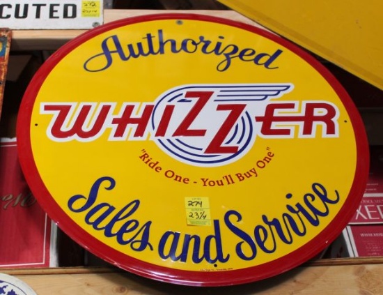 Whizzer single sided tin reproduction sign, 23.25" diameter