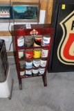 Standard Oil metal oil can display rack, 16 various oil cans