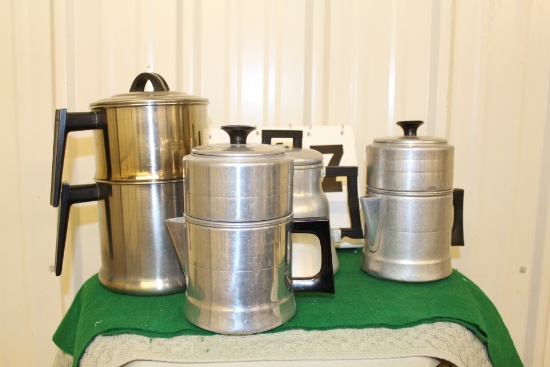 (3) ALUMINUM COFFEE POTS AND (1) STAINLESS STEEL